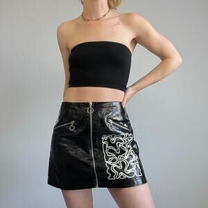 Faux Leather Black & White Hand Painted Abstract Y2K Zip Up Mini Skirt